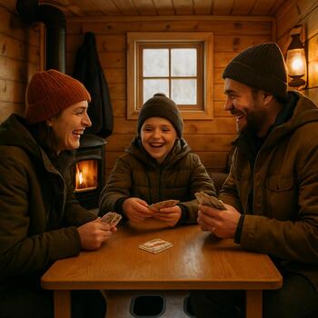 Family inside an ice shack playing cards around a small table