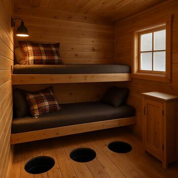 Warm ice cabin interior with bunk beds and two fishing holes between the benches