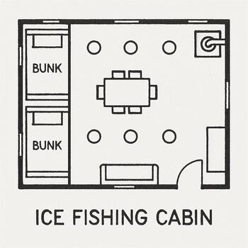 Top view sketch of an ice shack layout with marked bunks, stove and fishing holes