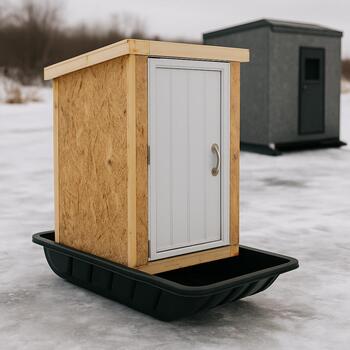 Small gear shed loaded on a sled near an ice fishing camp