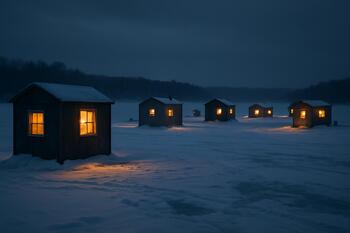 Small cluster of ice shacks on a frozen lake with warm windows and lantern light