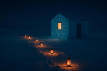 Outside view of a lantern path leading to ice shacks on a lake