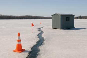 Small safety flags placed near cracks to mark safe distance for a shack