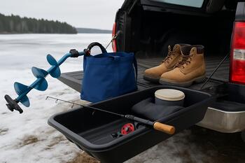 Ice fishing gear stacked at a car tailgate before heading to the lake