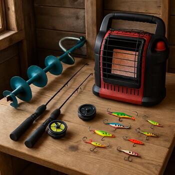 Ice fishing gear laid out on a wooden table before packing