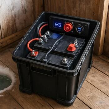 Plastic crate with labeled batteries on a wooden cabin floor