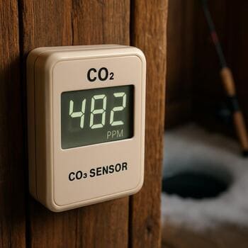Closeup of a small cabin CO2 sensor mounted near the bunk