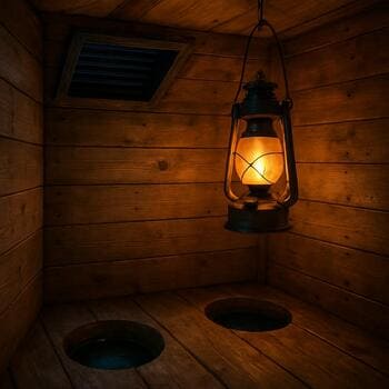 Interior of an ice shack with a lantern and open roof vent glowing softly