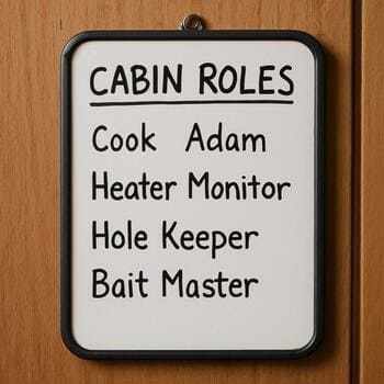 Narrow wooden roles board on a cabin wall with colored tags