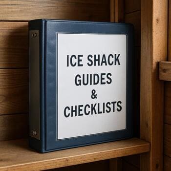 Small binder of ice guide pages stored on a shelf beside cabin gear