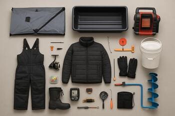 Full ice fishing kit laid out on the floor in clear groups