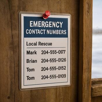 Laminated emergency numbers card taped to the back of a phone case