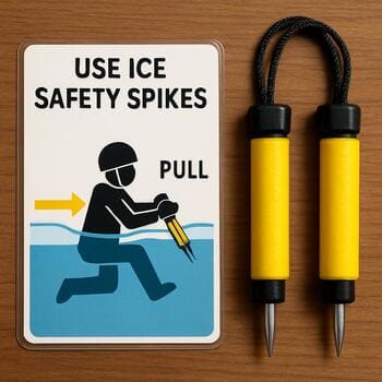 Ice safety card wrapped around a pair of ice spikes