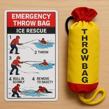 Emergency throw bag instruction card clipped to a rope bag handle