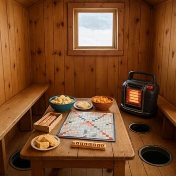 Family ice day guide sheet on a small cabin table with mugs around it