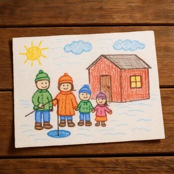 Child's drawing of an ice shack and fish on a guide notebook page