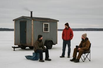 Ice shack seen from a distance with a sled stopped beside it