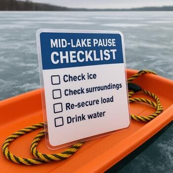 Mid-lake pause checklist card lying on a sled seat
