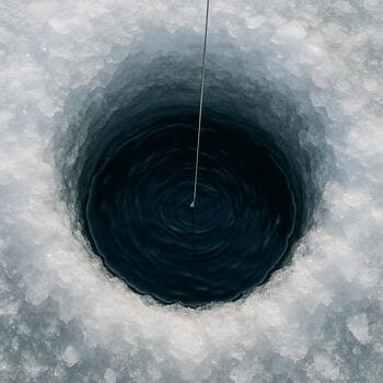 View of a single test hole and distant lights during a pause on the lake