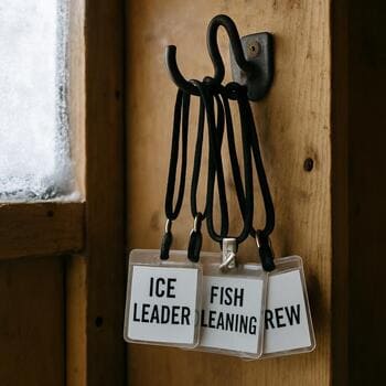 Small name tags on a hook, each with a simple cabin role