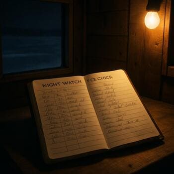 Small night watch logbook open on a bunk with a dim light above