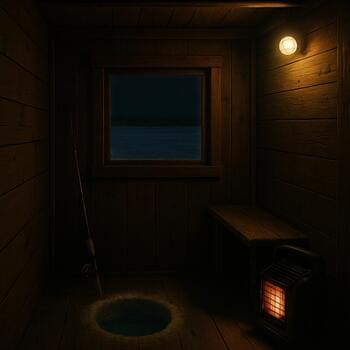 View from an ice shack window at night with a lantern outside on the ice
