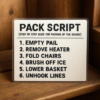 Pack script card lying on a narrow cabin bench near the door