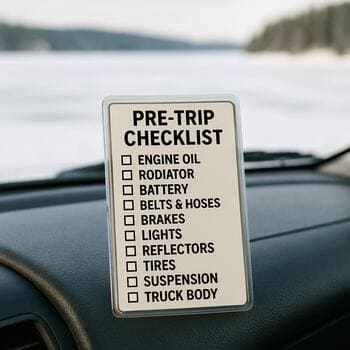 Ice precheck card lying on a truck dashboard at dawn