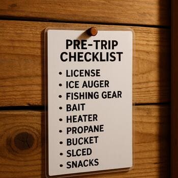 Small pre-ice checklist card pinned to a cabin wall near the door