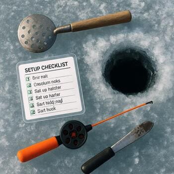On-ice setup checklist card next to a freshly drilled hole