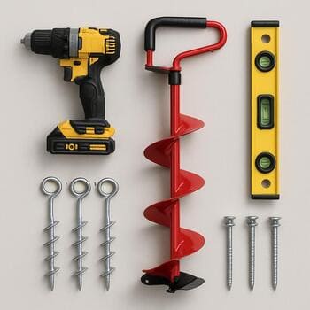 Auger, skimmer and tape measure laid out in a neat row on the snow