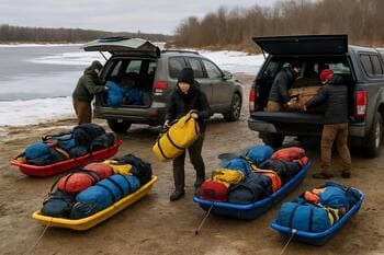 Ice fishing gear laid out in a neat finish zone near the car after a trip