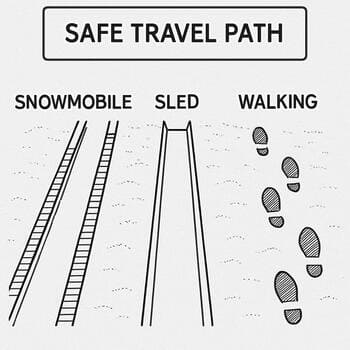 Diagram showing three colored paths from cabin layouts to different guide tracks