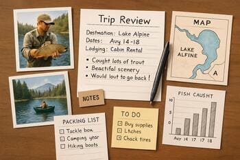 Post-trip review spread of notes, cards and a mug on a table