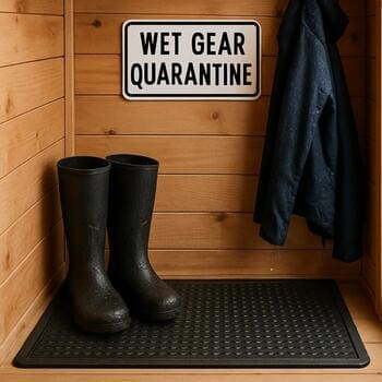 Rubber mat inside an ice shack with wet boots and gear grouped on it