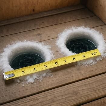 Two drilled ice holes with a tape measure stretched between them