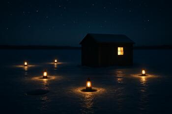 Lanterns on a frozen lake marking a safe path and fishing holes