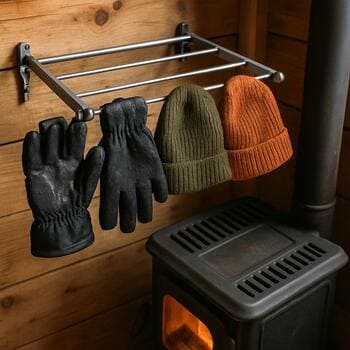 Drying rack with jackets and gloves near the exit of a crew ice shack