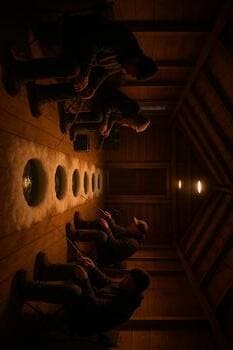 Crew ice shack interior with a straight line of fishing holes and benches