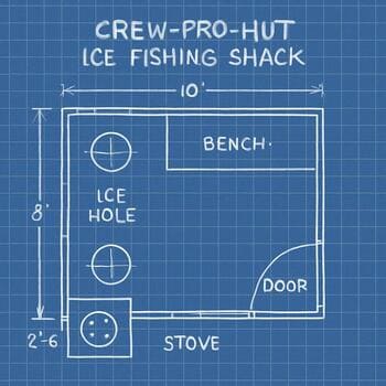 Crew ice shack layout with stove in the corner and staggered holes