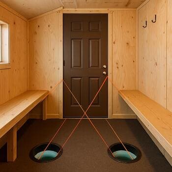 Interior of an ice shack with string lines showing the path from door to holes