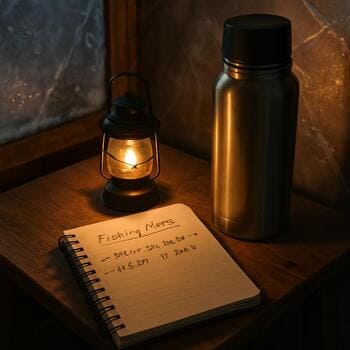 Notebook on a small cabin table with end-of-day layout notes