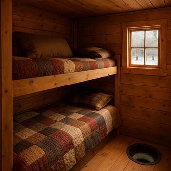 Family ice shack interior with a long bunk and holes behind the seats