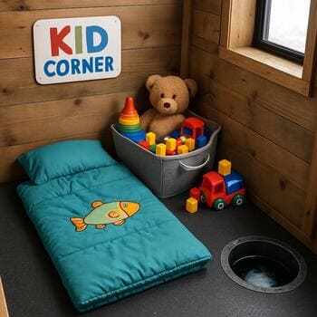 Ice shack corner with cushions and toys near a bunk in a family layout
