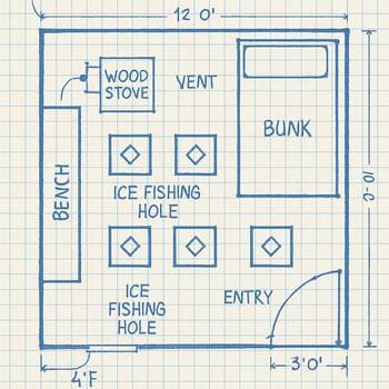 Family ice shack layout with long benches and four fishing holes