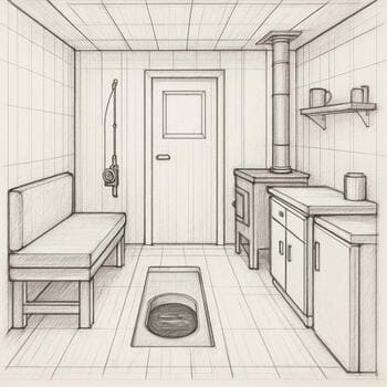 Improved ice shack layout sketch with clearer walk lanes and moved stove