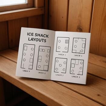 Small layout guide booklet lying on a wooden cabin bench