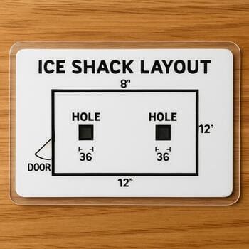 Laminated pocket card with an ice shack layout clipped to a parka
