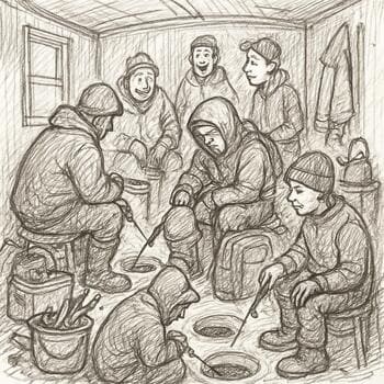 Overcrowded ice shack sketch with crossed arrows and cramped hole positions