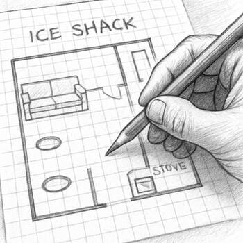 Pencil outline of an ice shack on grid paper with door and bunks